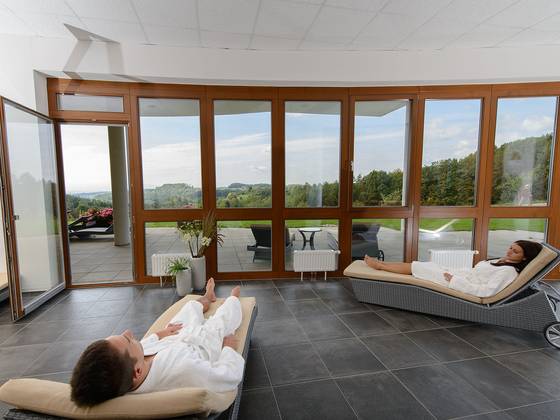 Relaxation room with a view of the surroundings in the hotel Liebmann in Laßnitzhöhe